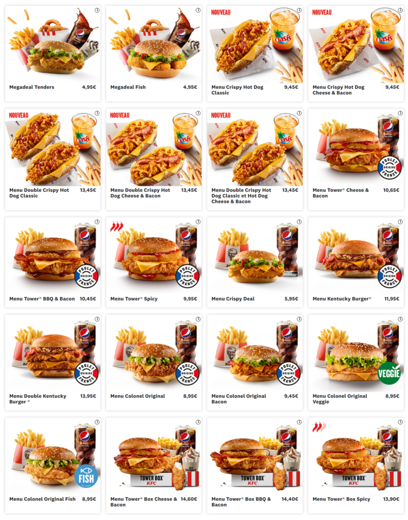 Burgers KFC Prix