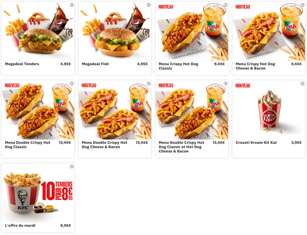 KFC EN CE MOMENT menu prix