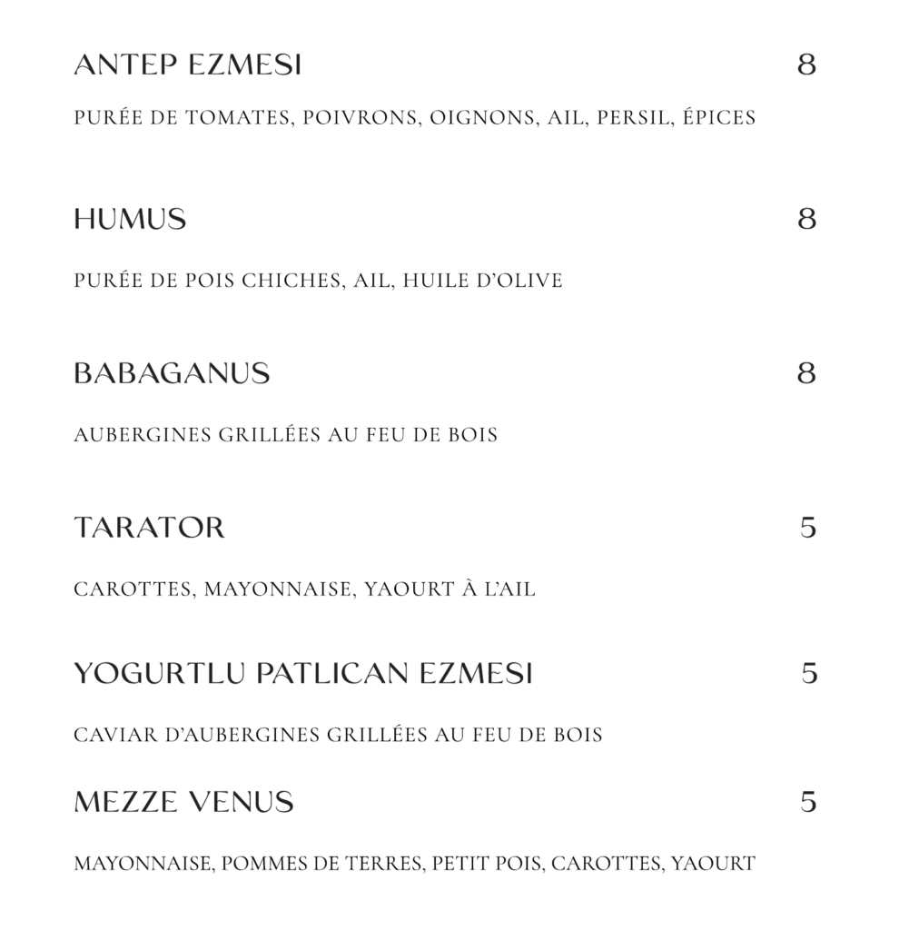 Venus Steakhouse France Menu Less Mezzes