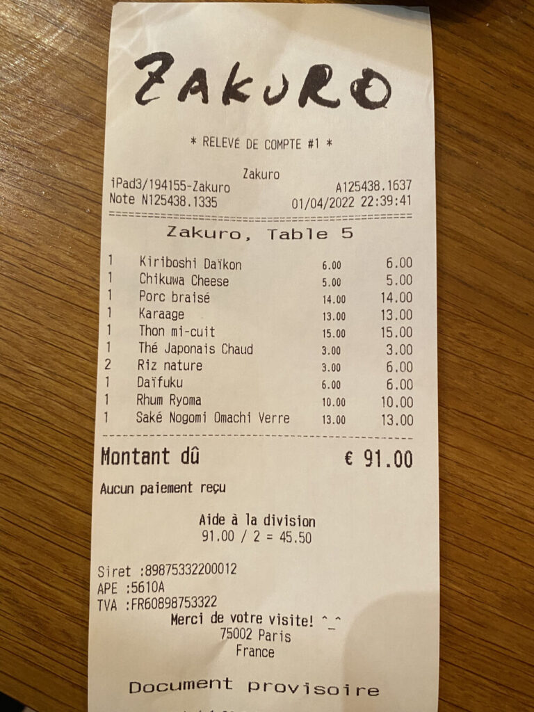 Zakuro-Paris Menu Bill