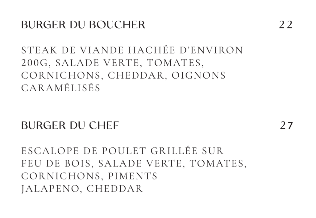 les burgers menu prix