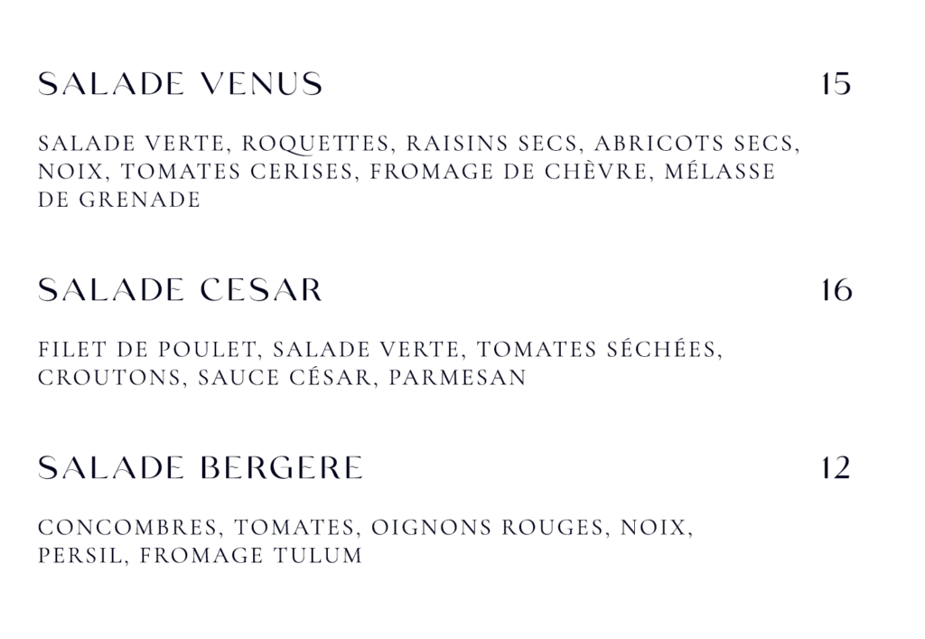 les salades prix menu