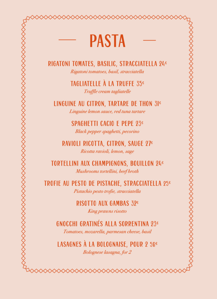 BAMBINI PARIS MENU PASTA PRIX