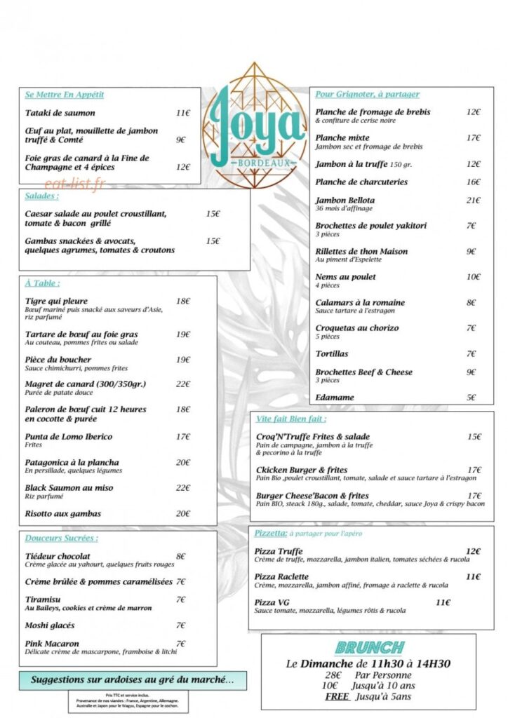 Joya Bar Menu Prix