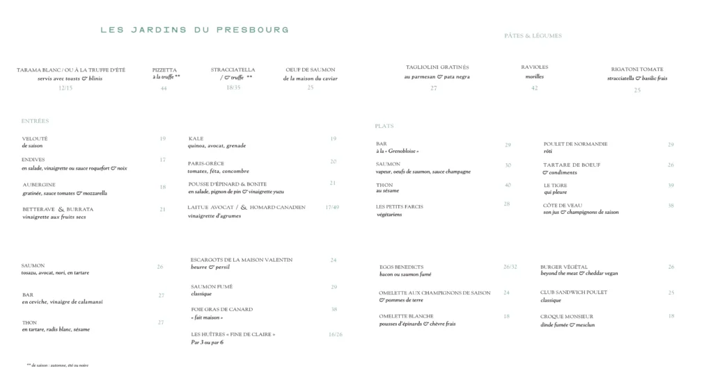 Les Jardins du Presbourg Menu