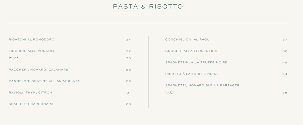 menu de gigi paris PASTA & RISOTTO