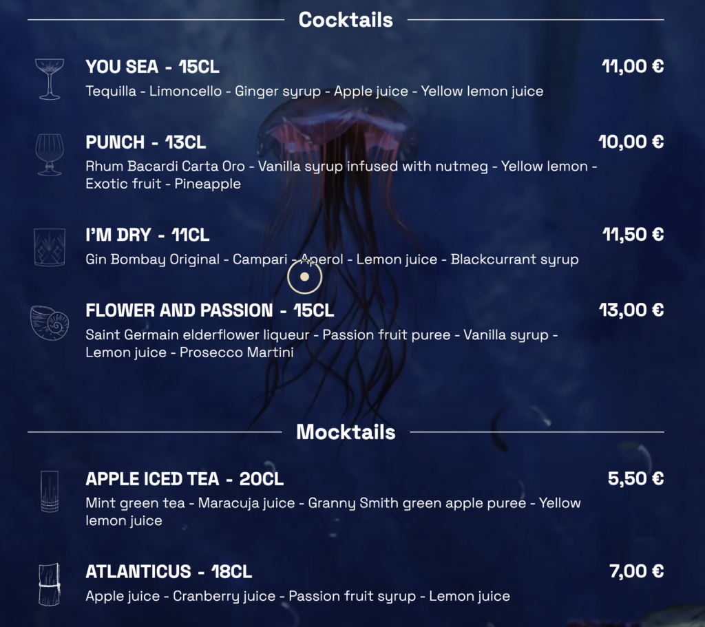 MENU UNDER THE SEA COCKTAILS PRIX