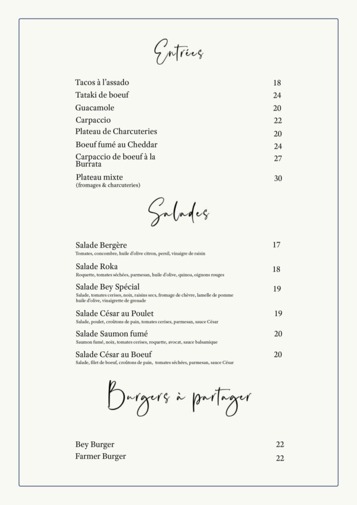 Bey Steakhouse Menu Entrees Prix