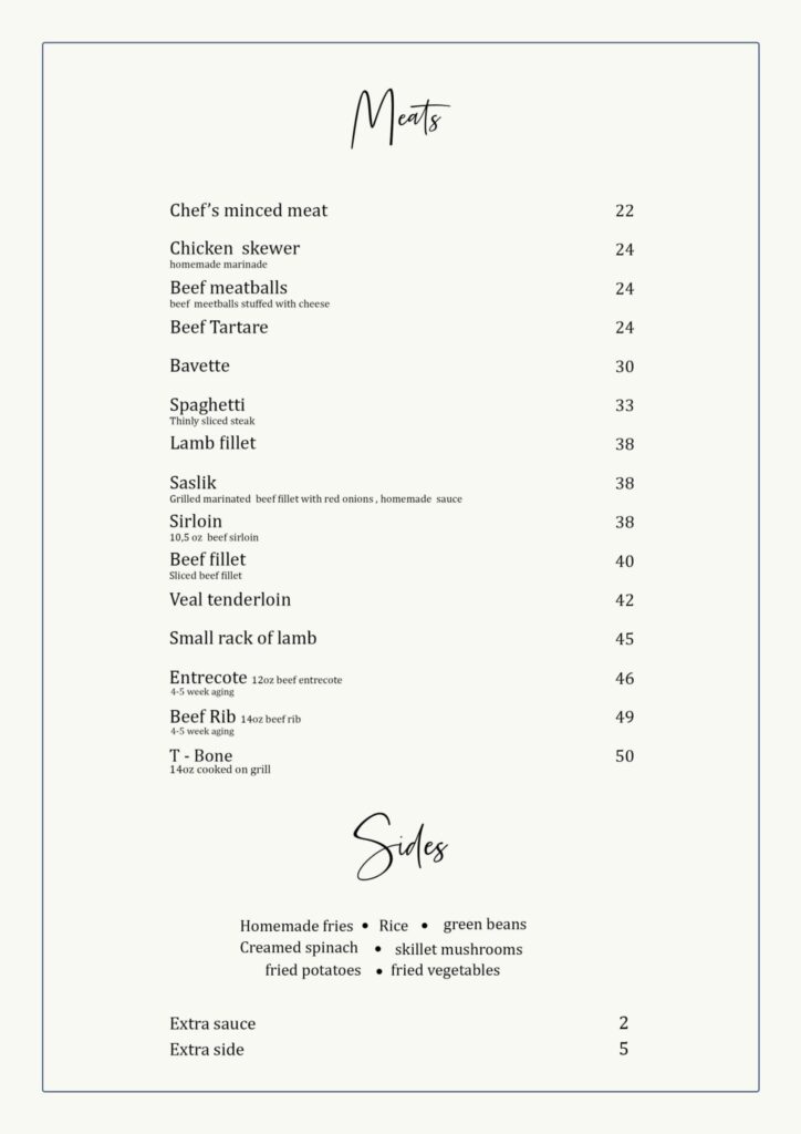 Bey Steakhouse Menu Meats Prix