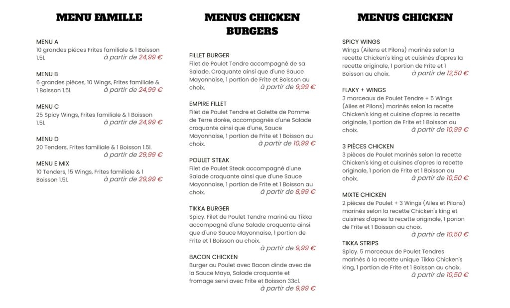 Chicken's King menu Paris