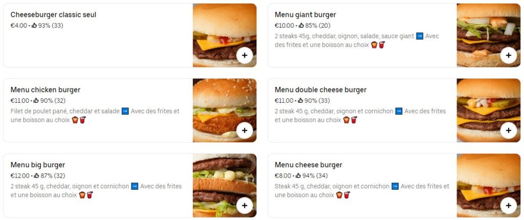 Menus classics burgers