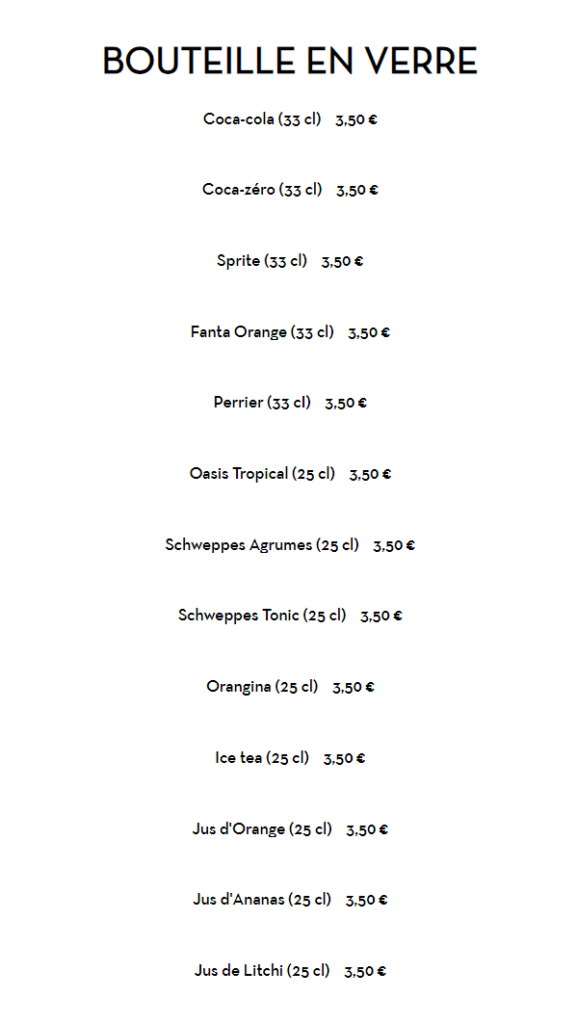 PARCIFIC MENU BOUTEILLE EN VERRE PRICES